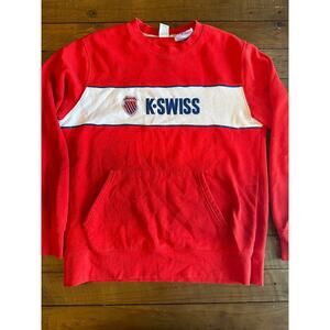 K-Swiss Logo Vintage Red White Blue Striped Crewneck Pullover Size L EUC Pockets